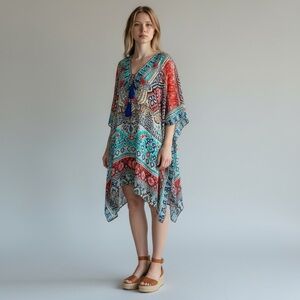 TRUE COLOURS Multicolor Rhinestone Colorful Bohemian Kaftan Blu Red Black SZ OS